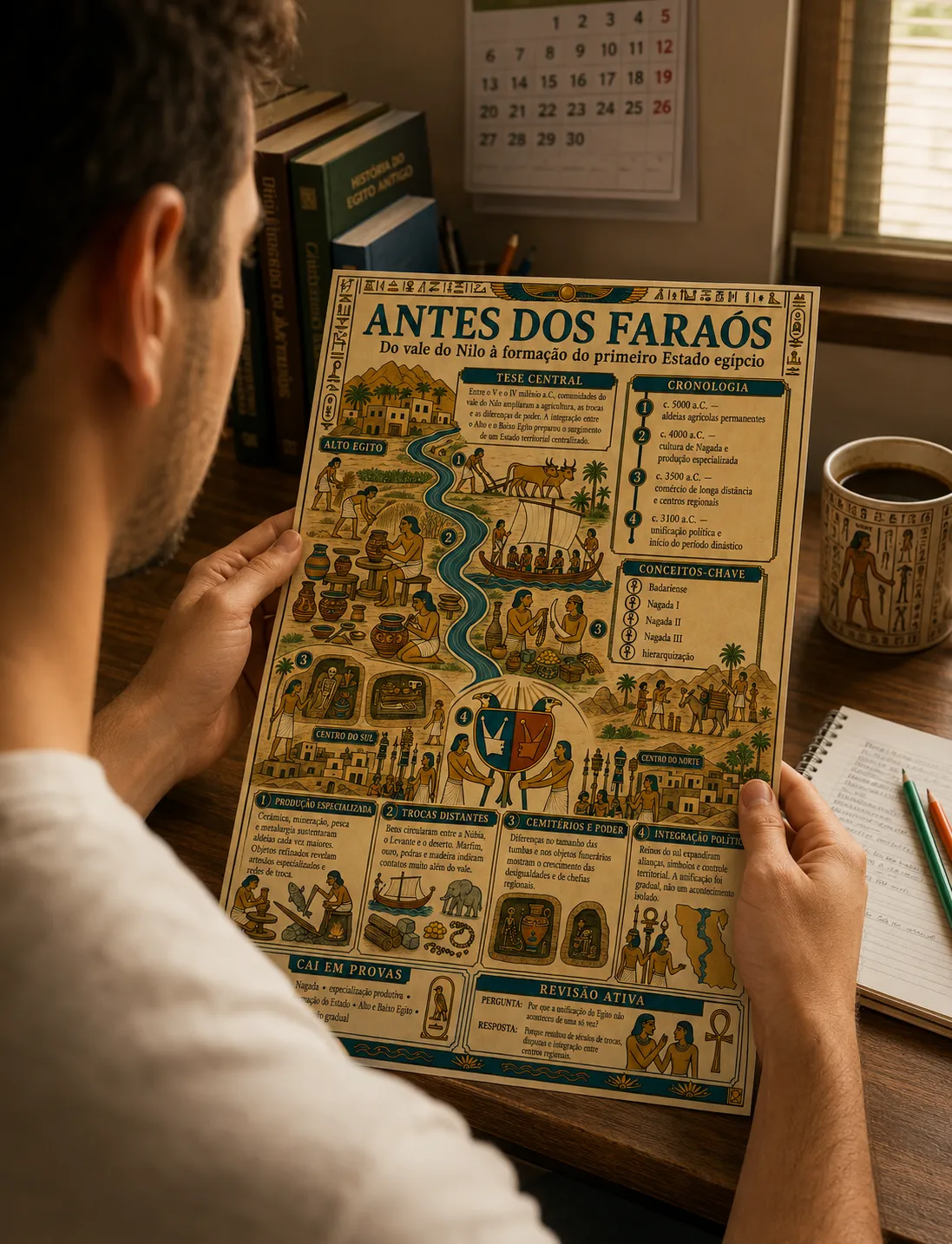 Estudante lendo um resumo visual impresso